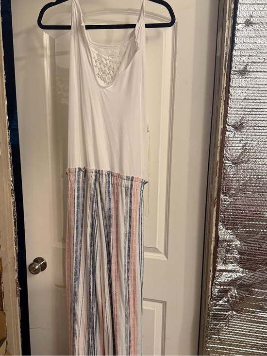 Ultra Flirt Pants - Ultra Flirt White Tank Jumpsuit with Blue & Pink Striped Pants